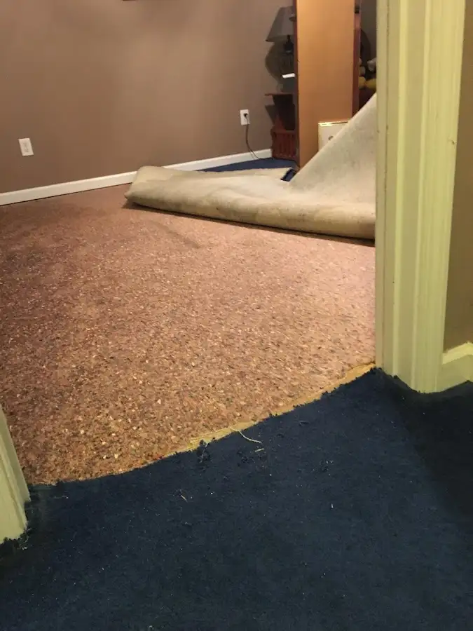 Carpet pad removal revealing water damage during Drying & Dehumidification in Buda
